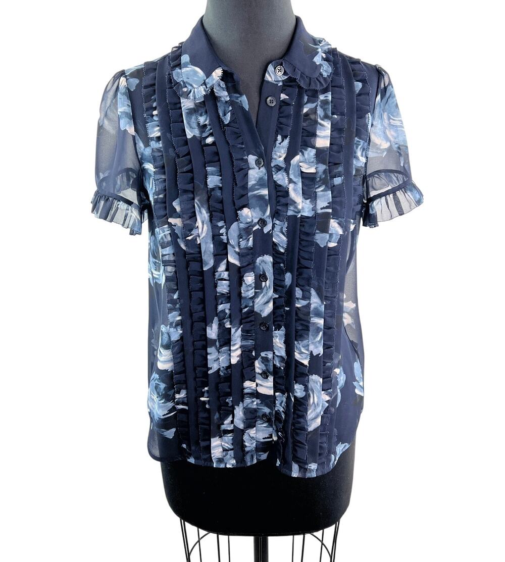 KATE SPADE Black Blue Top Night Rose Collared Ruffle Sleeve Button-Up Size Small